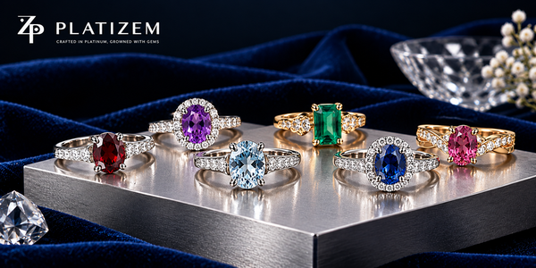 Platizem birthstone jewellery collection featuring gemstone rings for women and men with moissanite or laboratory-grown diamond accents on a midnight navy velvet display.