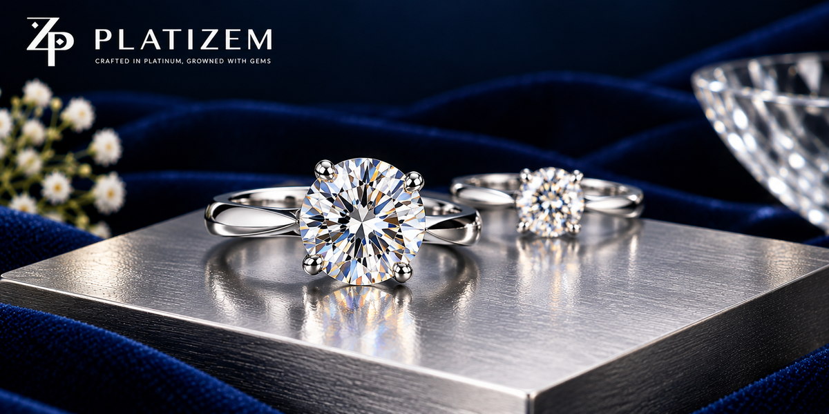 Moissanite solitaire engagement ring displayed beside a laboratory-grown diamond ring on navy velvet by Platizem.