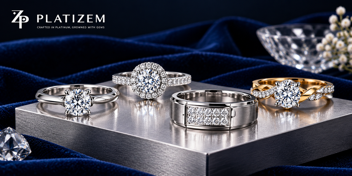 Lab-grown diamond rings under ₹10,000 featuring solitaire, halo, men's diamond band and two-tone designs on navy velvet by Platizem.