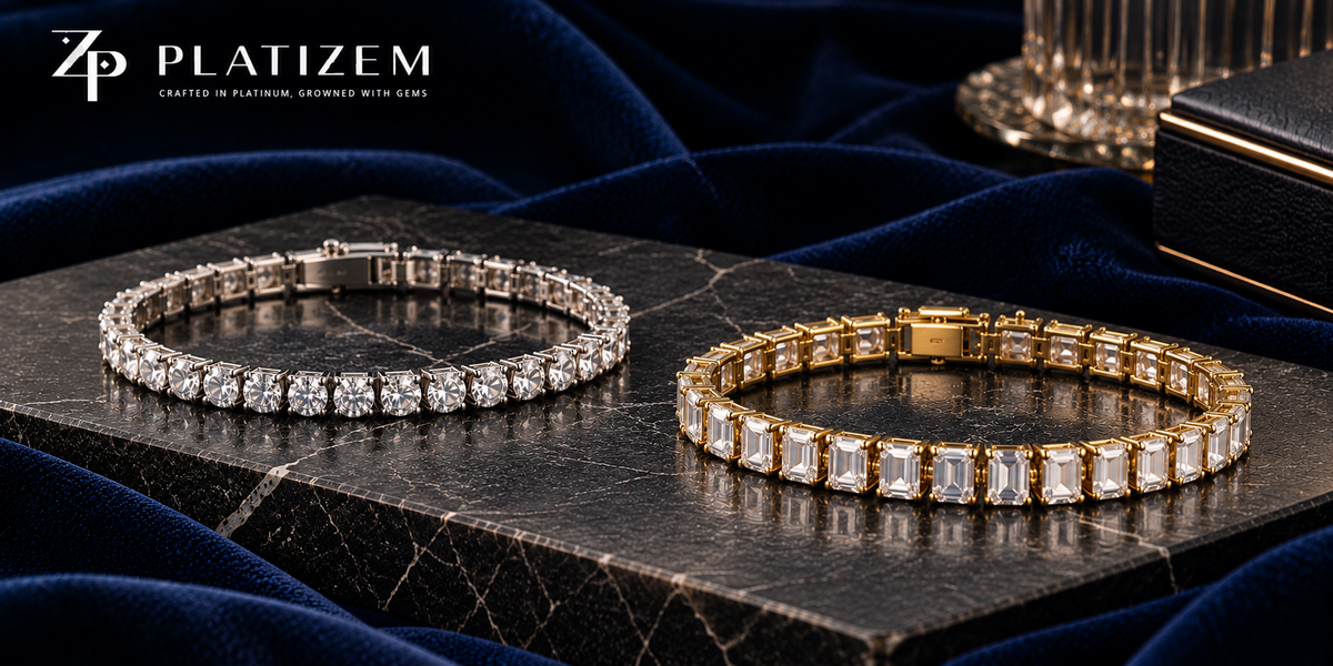Two white-and-rose-gold metal tennis bracelets featuring brilliant-cut and step-cut stones, illustrating a comparison between laboratory-grown diamond and moissanite bracelets by Platizem.