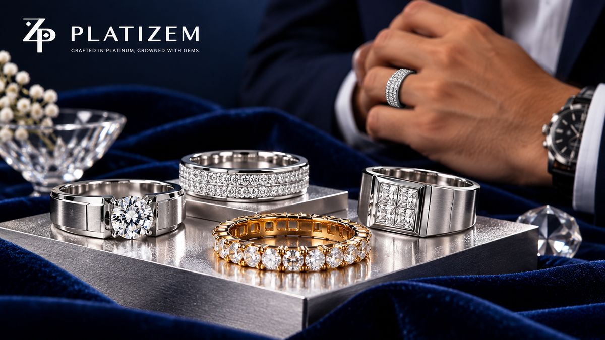 Men's laboratory-grown diamond rings in solitaire, pavé, eternity and princess-cut styles.