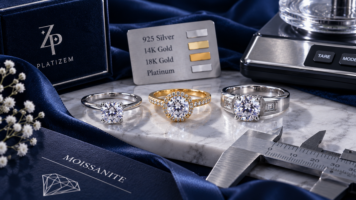 Moissanite rings in silver, gold and platinum showing different price factors in India