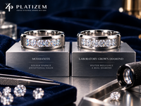 Men's wedding bands featuring moissanite and laboratory-grown diamonds in polished white metal, displayed side by side by Platizem.