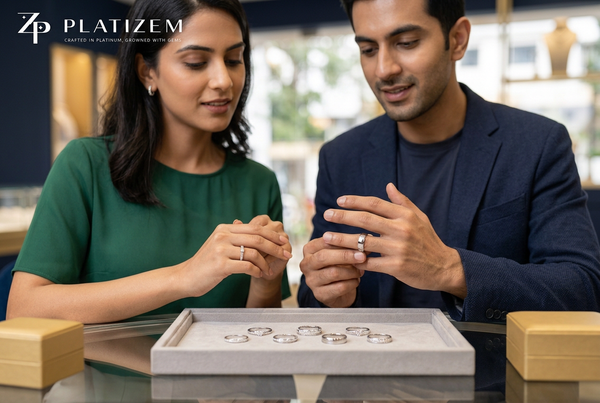 Indian couple trying on platinum wedding bands while comparing ring styles at a jewelry consultation counter.