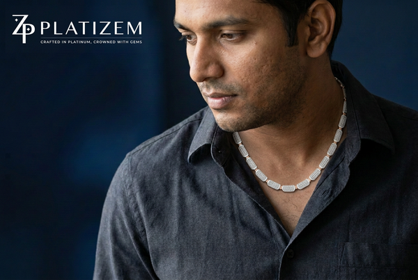 Indian man wearing a moissanite stone platinum chain in a cuban link setting.