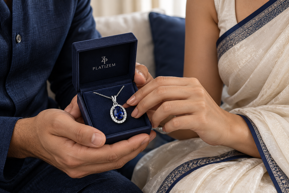 Indian couple sharing an open jewellery gift box with a solitaire pendant.