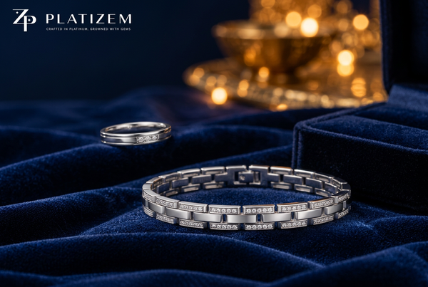 Men's platinum diamond link bracelet displayed on midnight-navy velvet for Platizem.