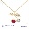 Ruby Diamond Cherry Pendant Necklace with Pave Leaf Detailing
