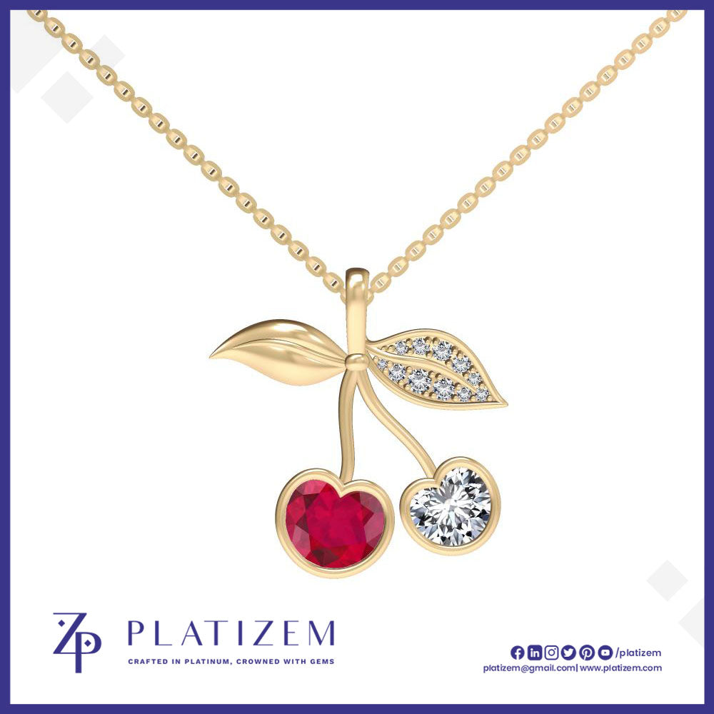 Ruby Diamond Cherry Pendant Necklace with Pave Leaf Detailing