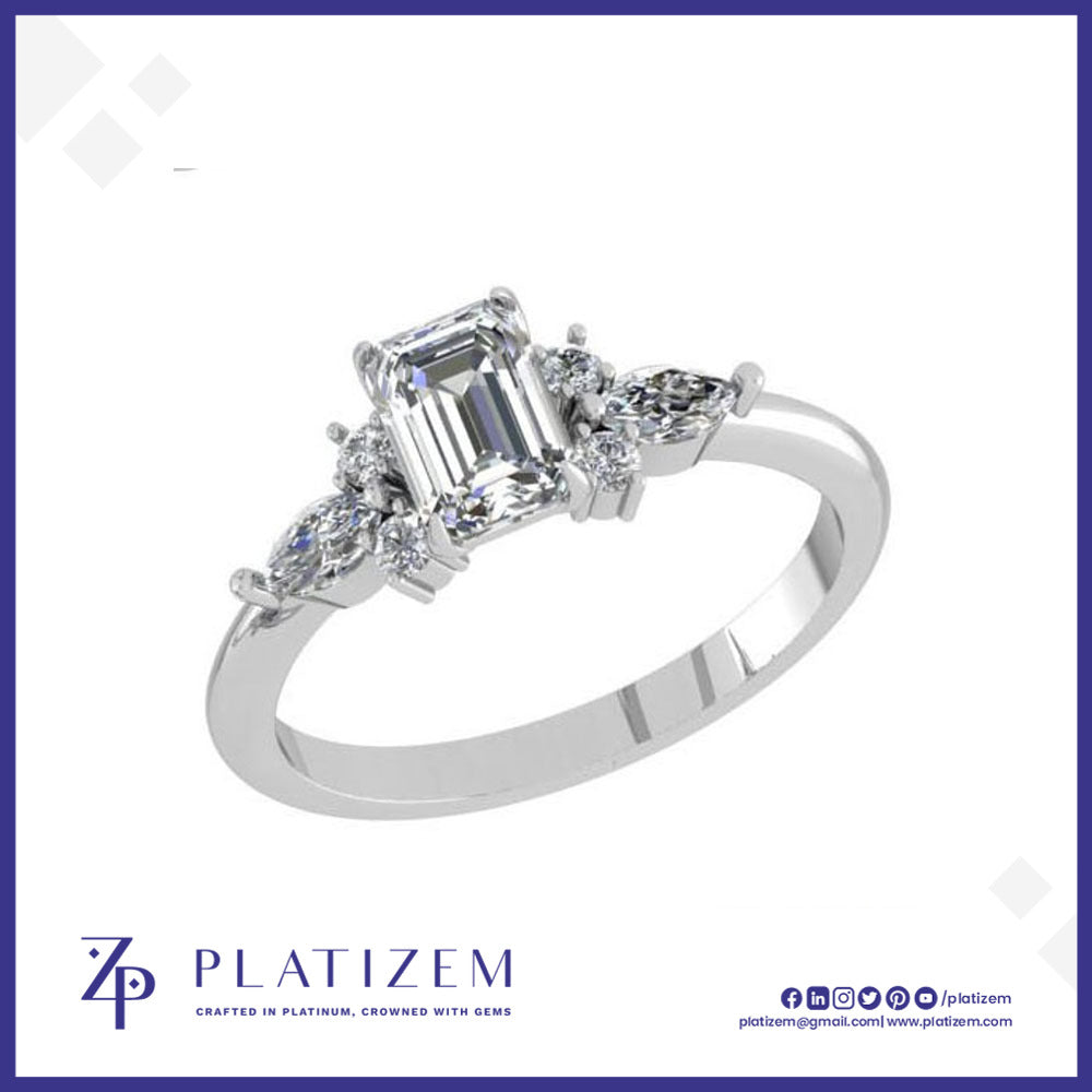 Emerald Cut Diamond Ring with Marquise and Round Cluster Side Stones