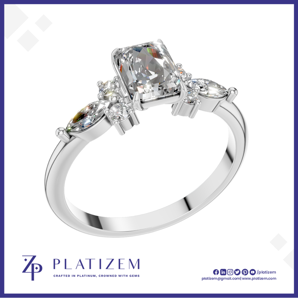 Emerald Cut Diamond Ring with Marquise and Round Cluster Side Stones