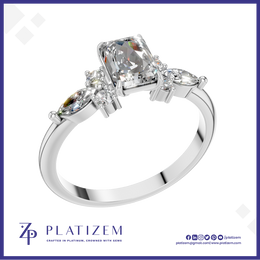 Emerald Cut Diamond Ring with Marquise and Round Cluster Side Stones