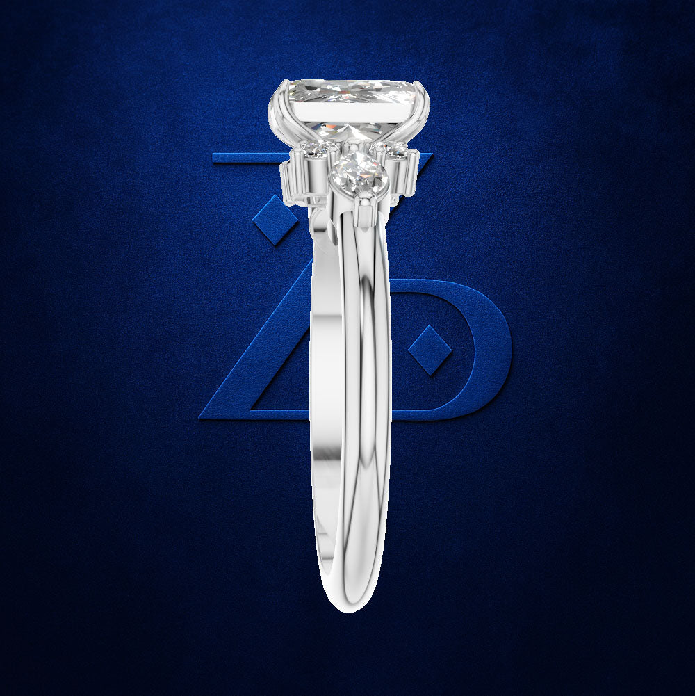 Emerald Cut Diamond Ring with Marquise and Round Cluster Side Stones
