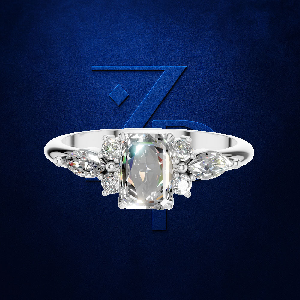 Emerald Cut Diamond Ring with Marquise and Round Cluster Side Stones