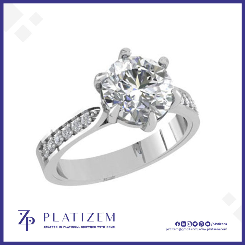 Round Cut Diamond Solitaire Ring Held by a Six Prong Cathedral Setting