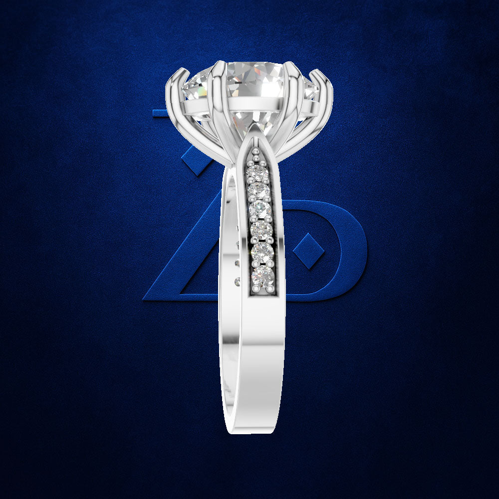 Round Cut Diamond Solitaire Ring Held by a Six Prong Cathedral Setting