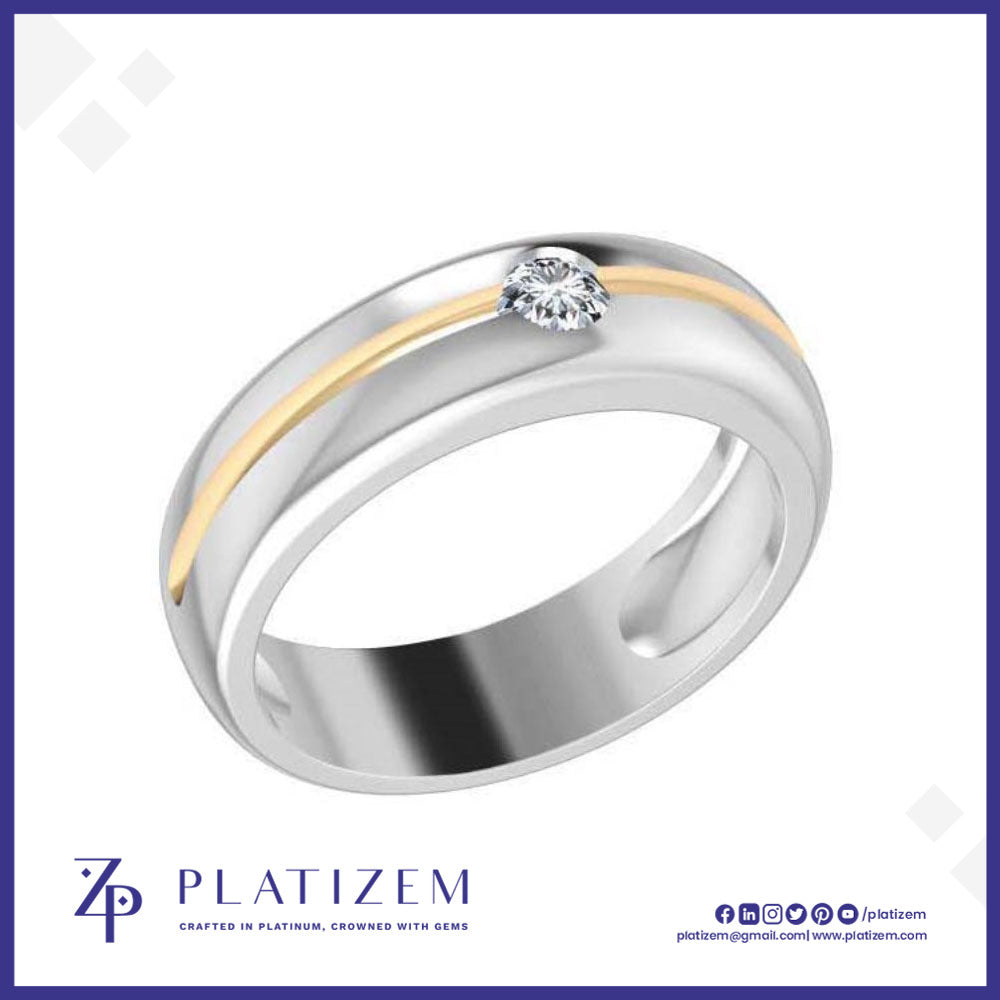 A two-tone wedding band ring featuring a polished silver body, a yellow gold channel accent, and a single round-cut clear gemstone in a bezel setting. The ring is displayed on a white background with a blue border, with the brand name 'PLATIZEM' printed at the bottom.