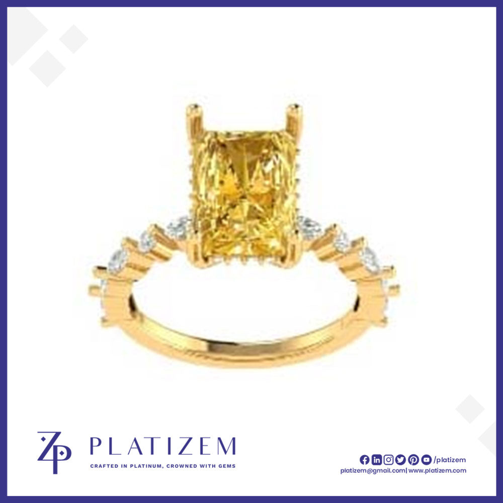 A yellow diamond ring with a yellow gold band, featuring a large rectangular cushion-cut center stone and smaller diamonds along the shoulders, shown on a white background with the Platizem brand logo at the bottom.
