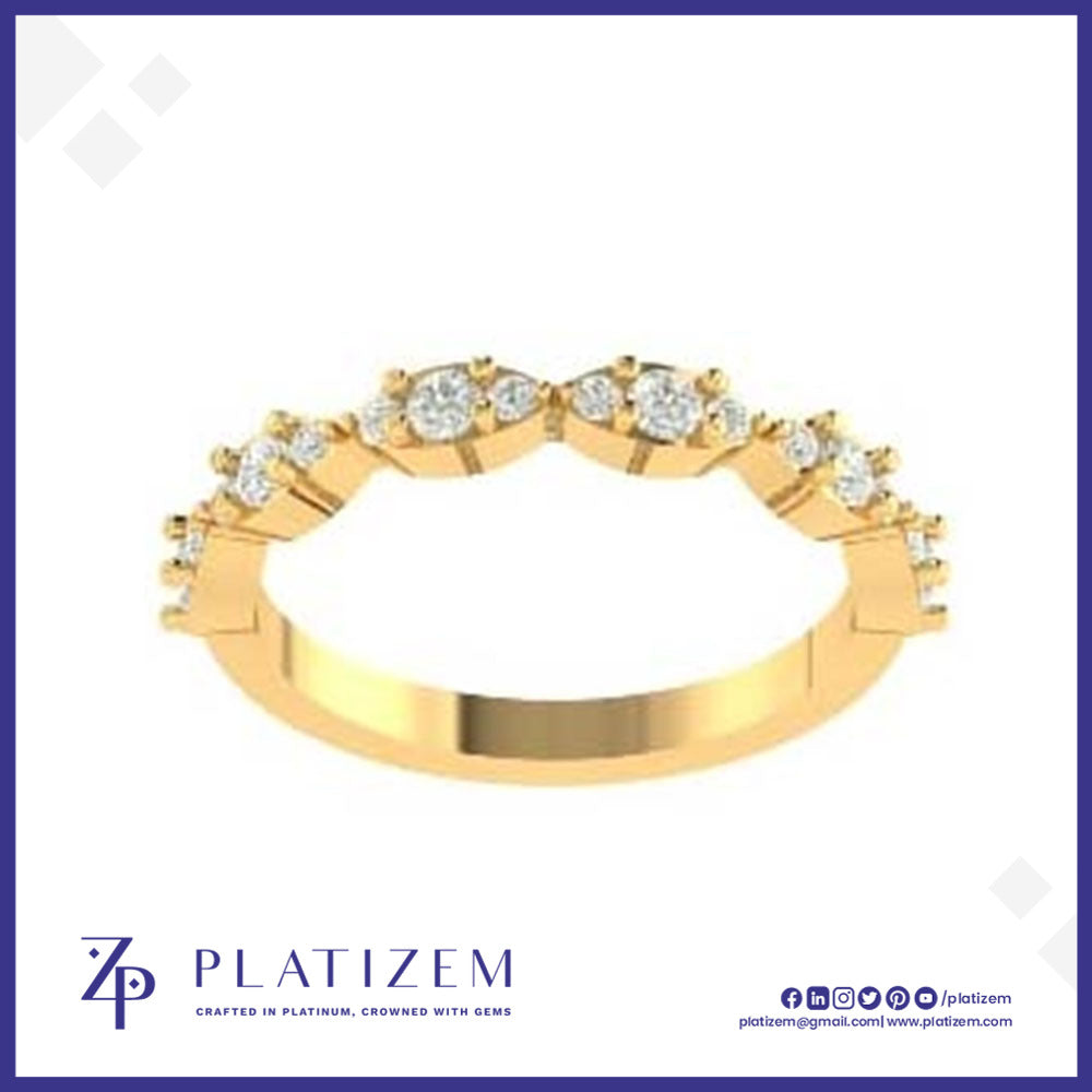 A yellow gold diamond ring with a curved row of round-cut diamonds, presented on a white background with the brand logo 'Platizem' at the bottom.
