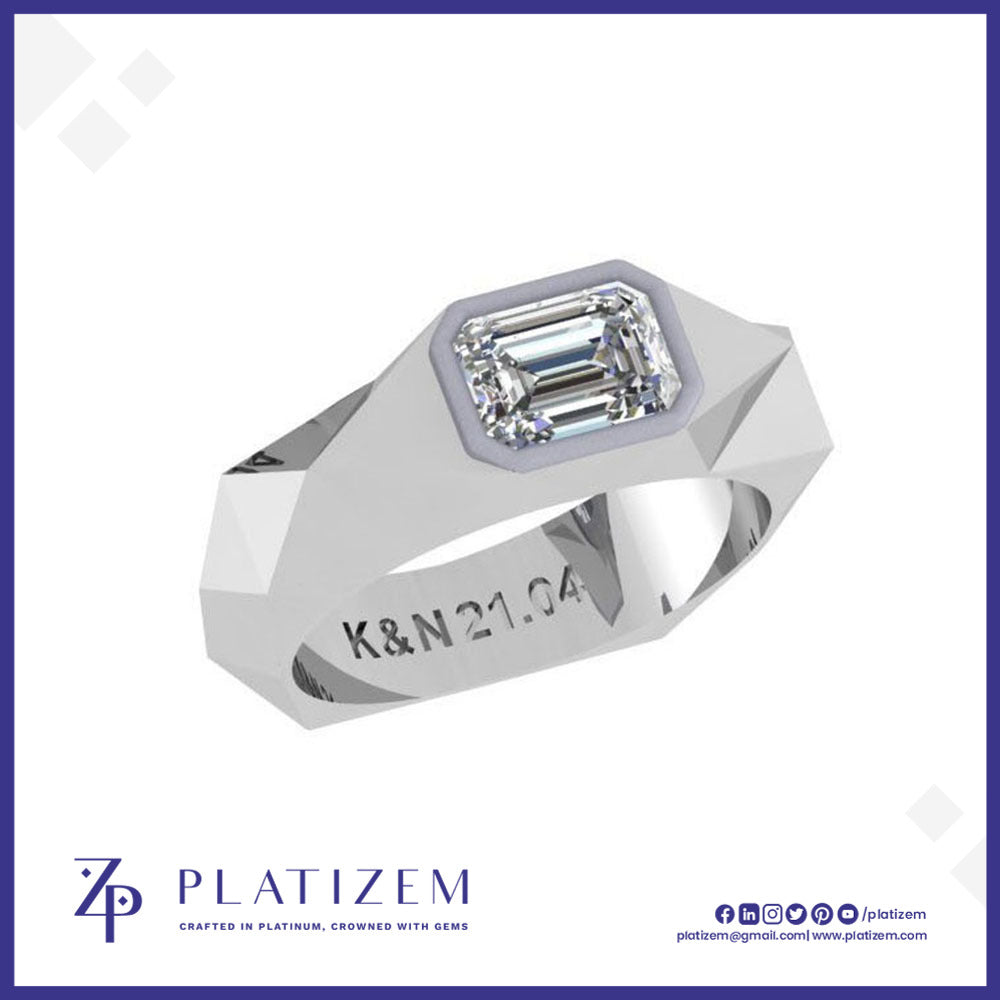Emerald Cut Diamond Ring Set Within a Bold Faceted Signet-Style Band