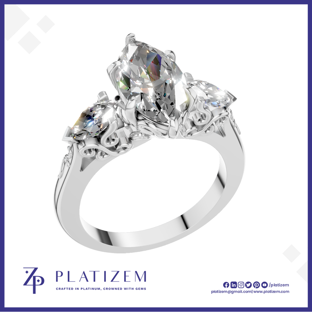 Marquise Diamond Three Stone Ring with Filigree for Women