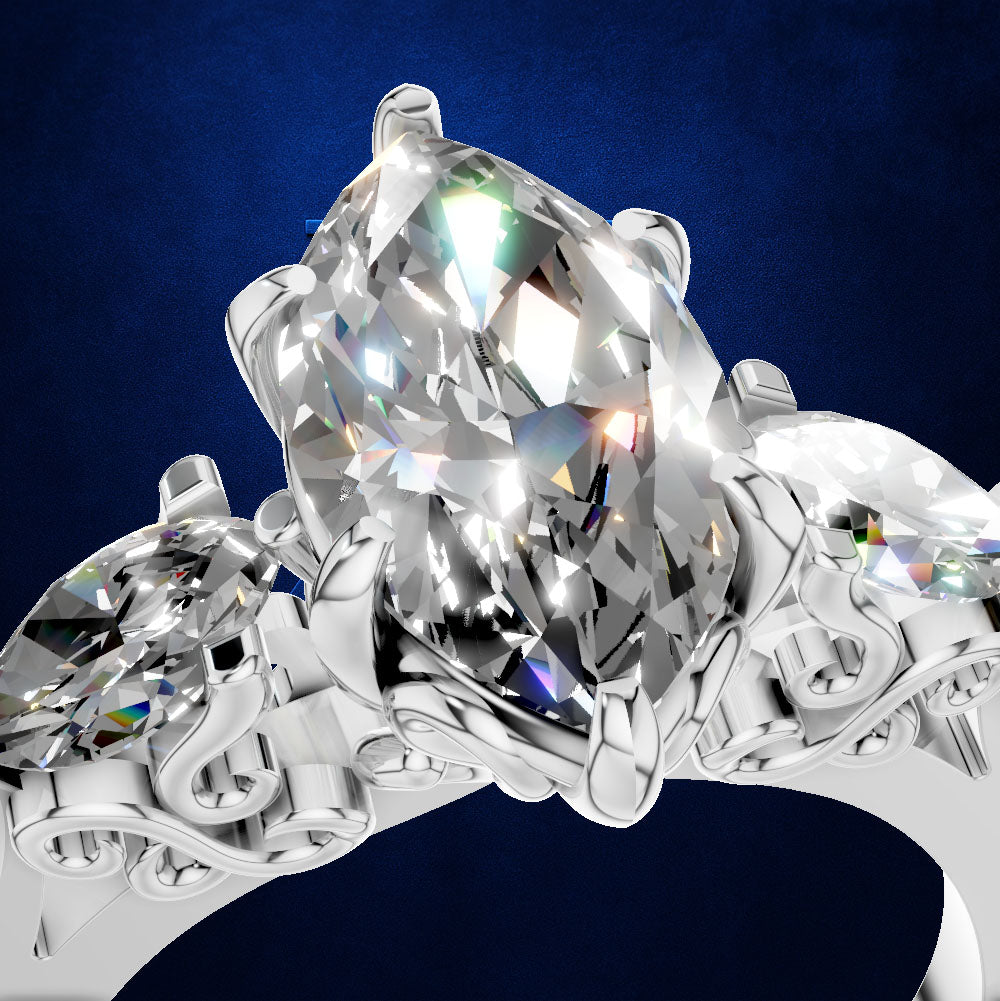 Marquise Diamond Three Stone Ring with Filigree for Women