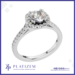 Round Cut Diamond Halo Ring with a Sparkling Pave Diamond Shank