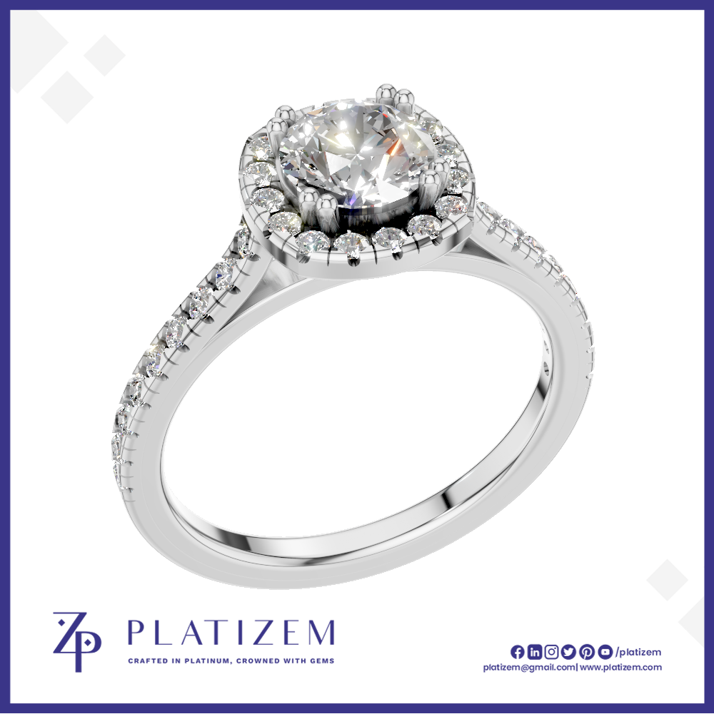 Round Cut Diamond Halo Ring with a Sparkling Pave Diamond Shank