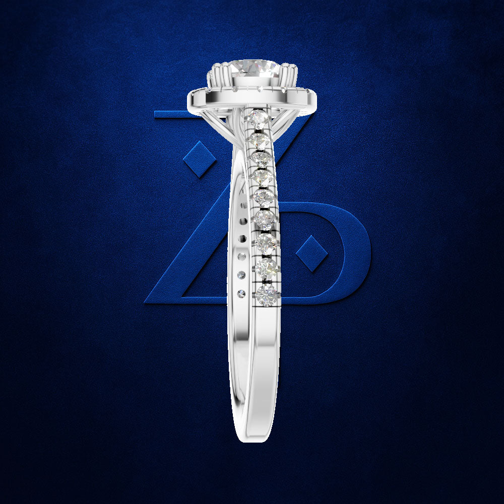 Round Cut Diamond Halo Ring with a Sparkling Pave Diamond Shank