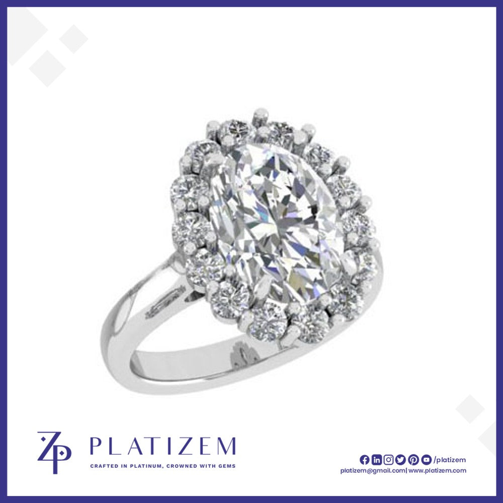 Oval Cut Diamond Halo Ring Encircled by Sparkling Round Accent Stones