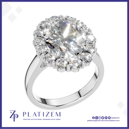 Oval Cut Diamond Halo Ring Encircled by Sparkling Round Accent Stones