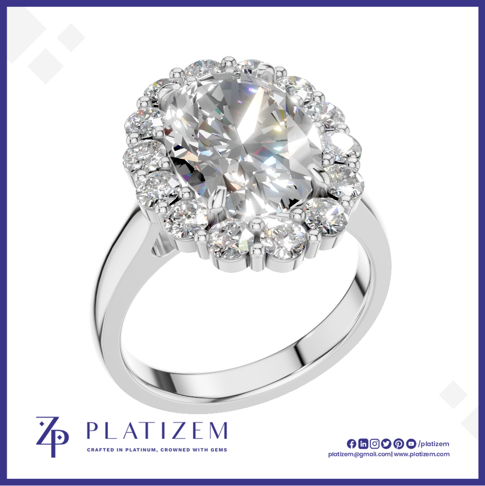 Oval Cut Diamond Halo Ring Encircled by Sparkling Round Accent Stones