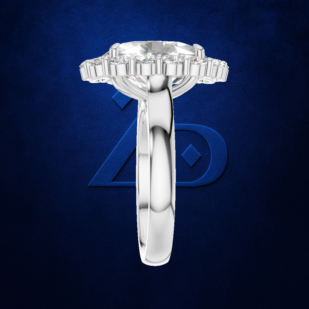 Oval Cut Diamond Halo Ring Encircled by Sparkling Round Accent Stones