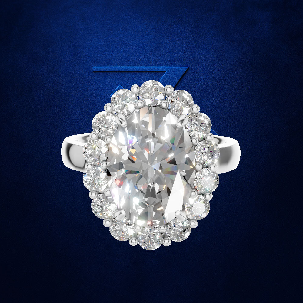 Oval Cut Diamond Halo Ring Encircled by Sparkling Round Accent Stones