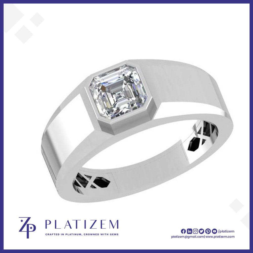 Asscher Cut Diamond Ring in a Bezel Setting on a Wide Polished Band