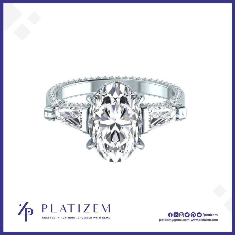 Oval Center Diamond Ring Flanked by Tapered Baguettes