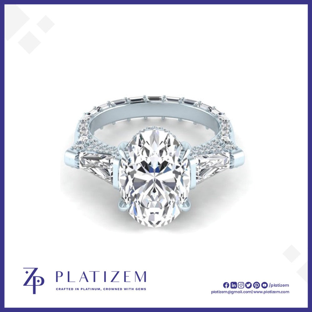 Oval Diamond Ring with Baguette Accents and Pave Band