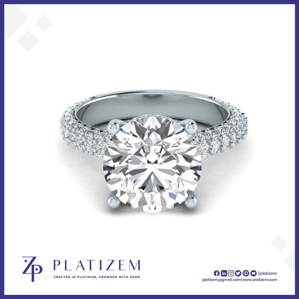 Round Diamond Ring with Triple Row Pave Shoulders