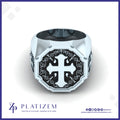 A silver-toned octagonal ring with a black and white cross design on the face, shown on a white background with the brand name PLATIZEM at the bottom.