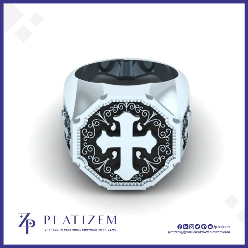 A silver-toned octagonal ring with a black and white cross design on the face, shown on a white background with the brand name PLATIZEM at the bottom.