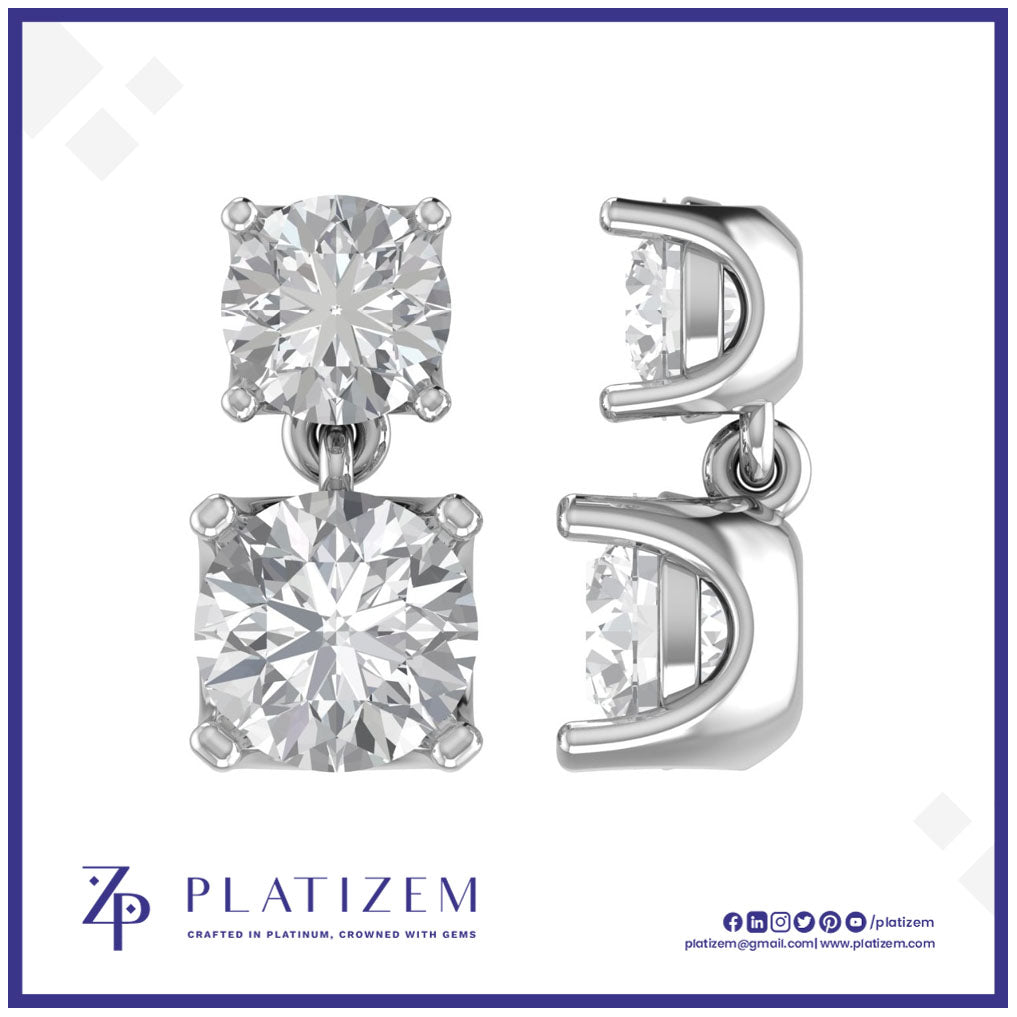 Platinum Round Diamond Drop Earrings with Two Stone Design