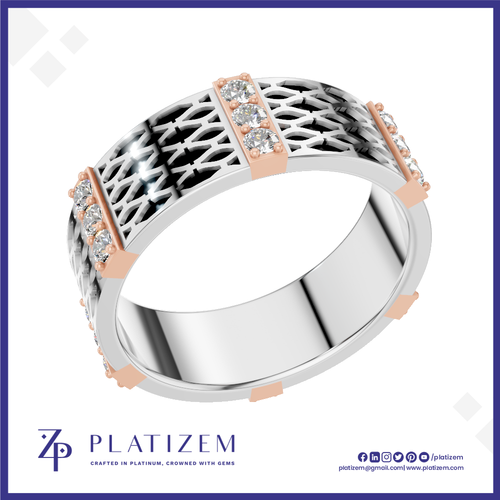 A platinum and rose gold ring with a geometric openwork pattern, accented with rows of clear cubic zirconia stones. The brand logo 'PLATIZEM' is visible at the bottom.