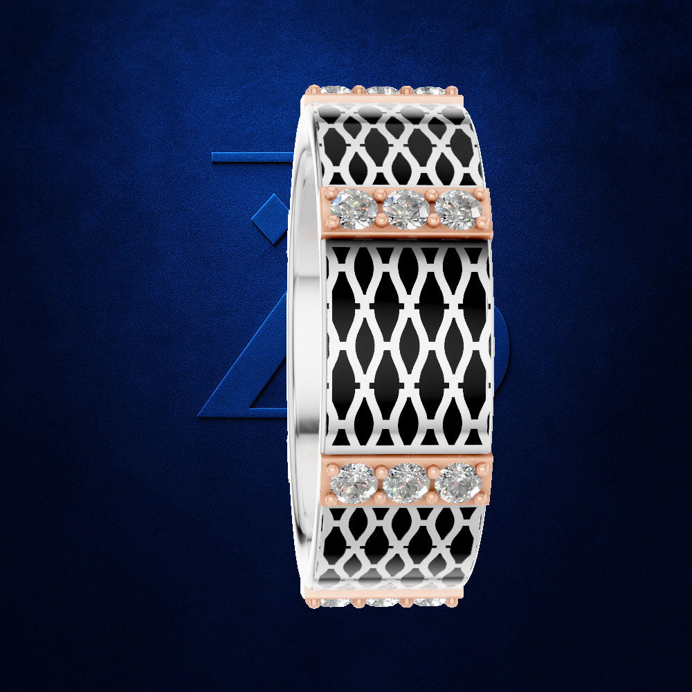 A two-tone ring featuring a silver-toned openwork lattice band with rose gold accents and three round clear gemstones on each side, set against a dark blue background with a subtle geometric logo.
