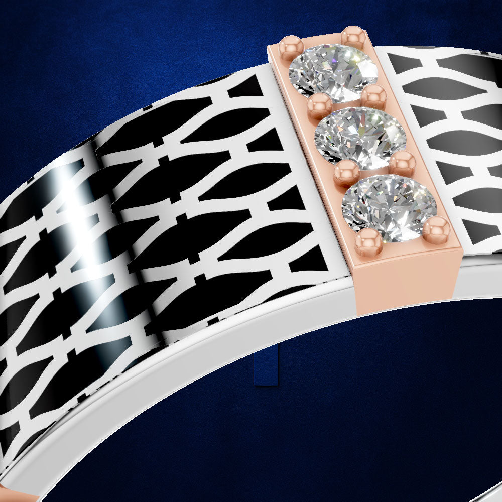 A close-up of a ring featuring a wide white band with a black geometric lattice pattern, a rose gold side plate, and three clear round-cut gemstones.