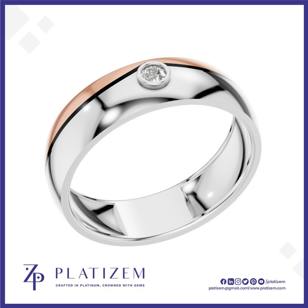 A polished two-tone wedding band ring by Platzem, featuring a silver body with a rose gold inlay and a single round-cut clear gemstone in a bezel setting. The ring is displayed on a white background with a blue border and the Platzem brand logo at the bottom.