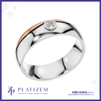 A polished two-tone ring featuring a silver band and a rose gold inlay, with a single round-cut diamond set in the center. The ring is presented on a white background with a blue border and the brand name 'PLATIZEM' at the bottom.