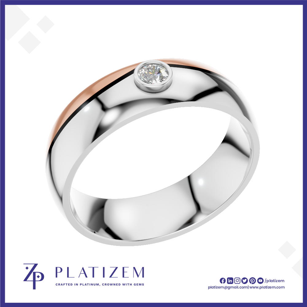 A polished two-tone ring featuring a silver band and a rose gold inlay, with a single round-cut diamond set in the center. The ring is presented on a white background with a blue border and the brand name 'PLATIZEM' at the bottom.
