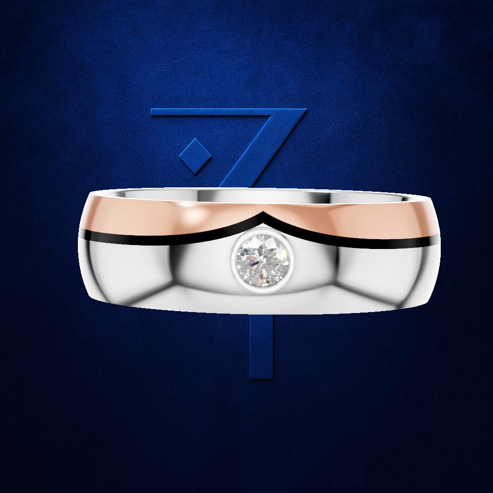 A two-tone wedding band featuring a polished silver body, a rose gold chevron accent across the top, and a single round-cut clear gemstone in the center. The ring is presented on a textured dark blue background with a stylized blue '7' logo behind it.