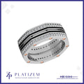 A silver-toned octagonal ring with rows of clear stones, black inlay stripes, and rose gold accent rivets, shown on a white background with the Platizem brand logo at the bottom.