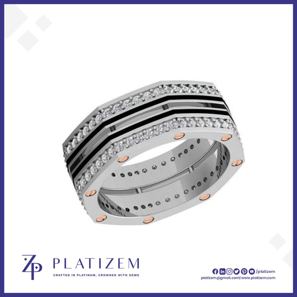 A silver-toned octagonal ring with rows of clear stones, black inlay stripes, and rose gold accent rivets, shown on a white background with the Platizem brand logo at the bottom.